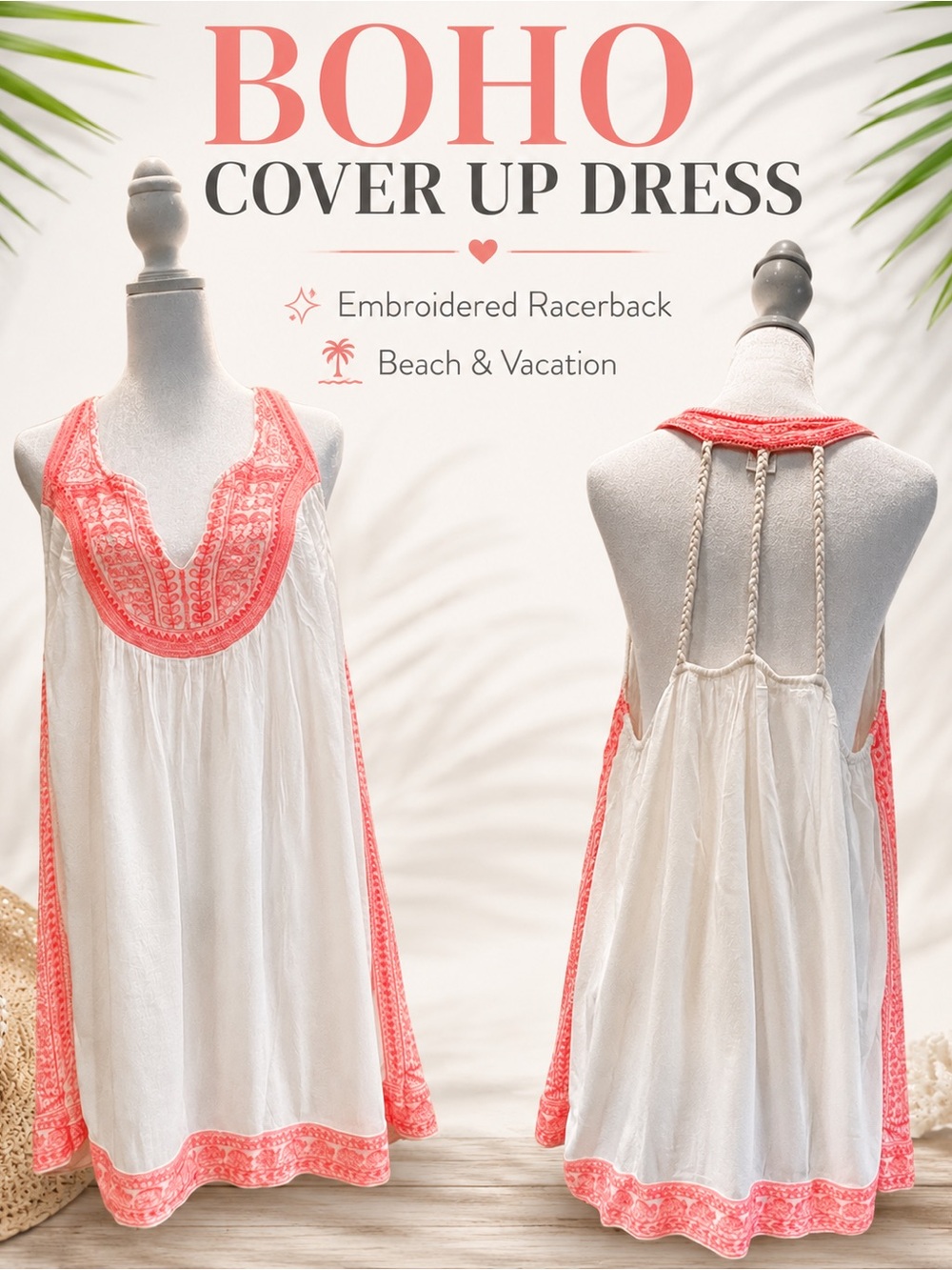 White Coral Embroidered Boho Cover Up Dress Tunic Racerback Beach Swimwear